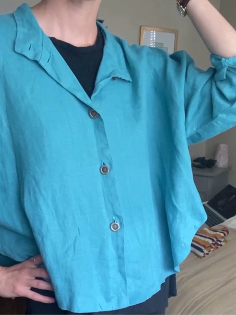 100% Linen Turquoise Unique Cropped Shirt Jacket